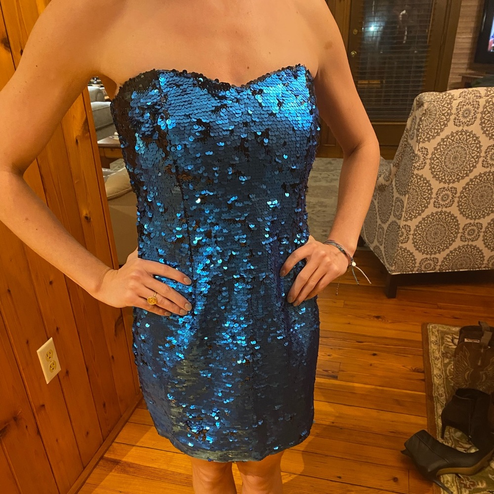 blue and black flip sequin short formal dress